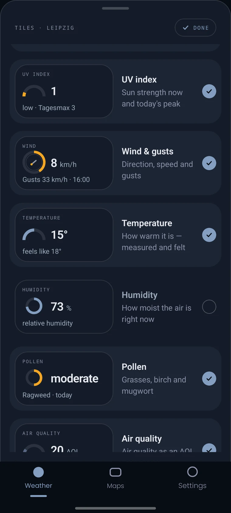 Auswahl der Wetterwerte als Kacheln