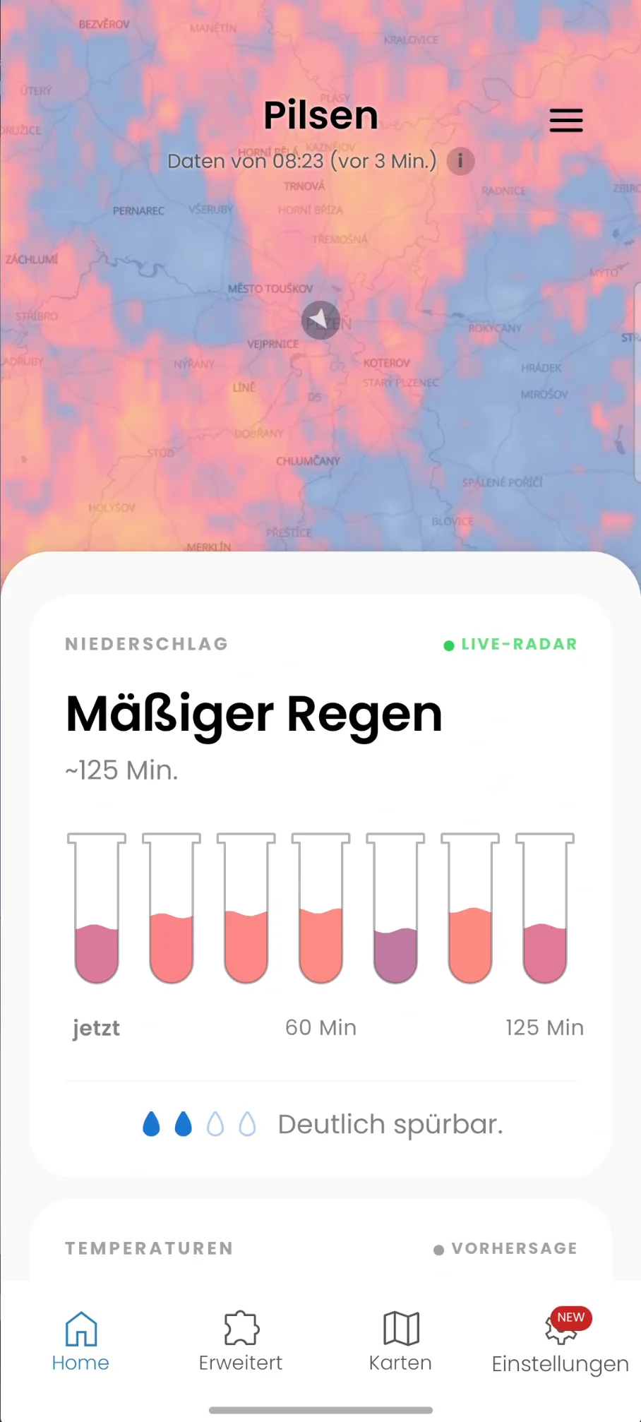 Drops Radar – Screenshot des Live-Regenradars